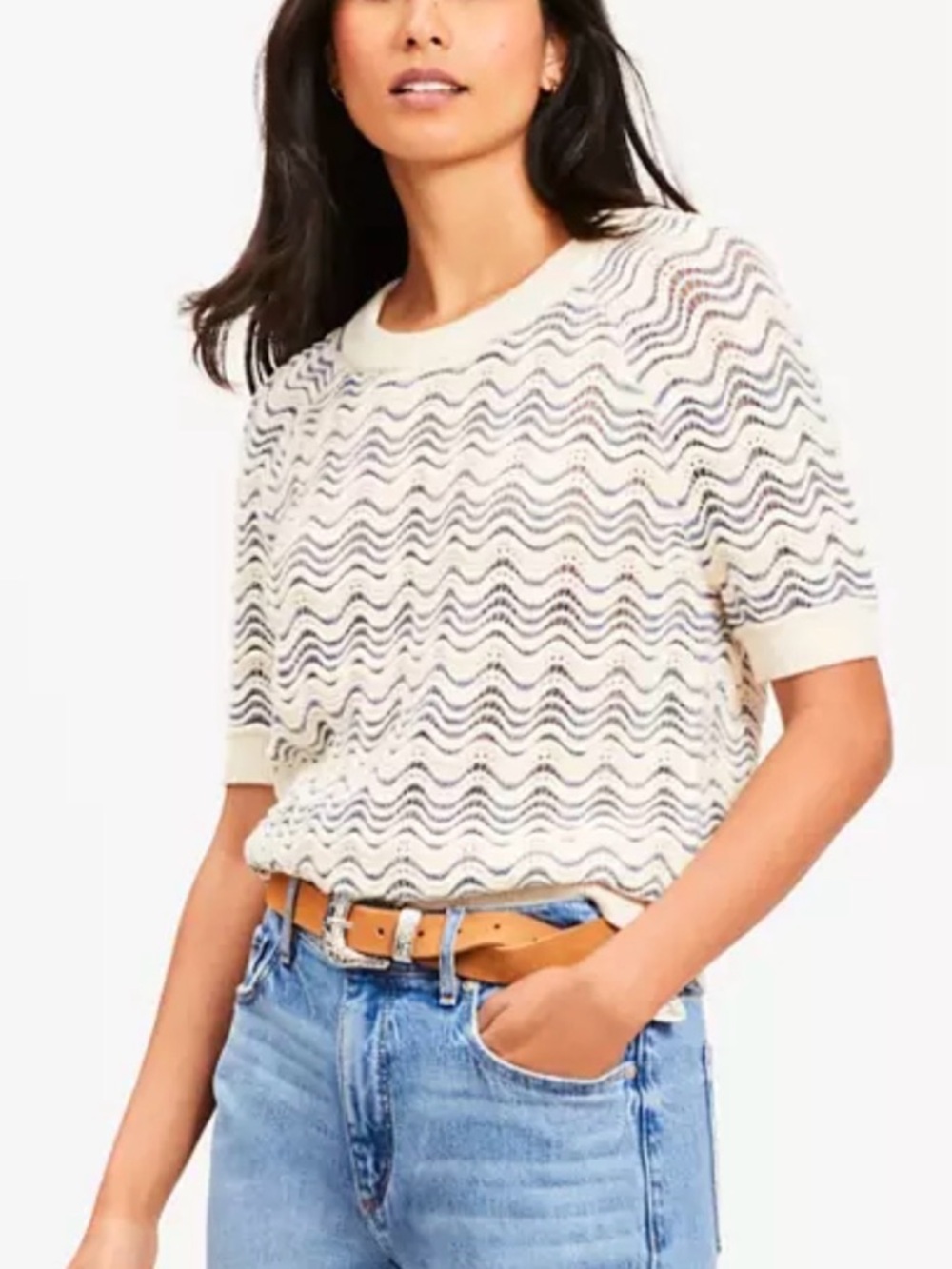 LOFT Cream and Blue Wave Knit Short-Sleeve Sweater